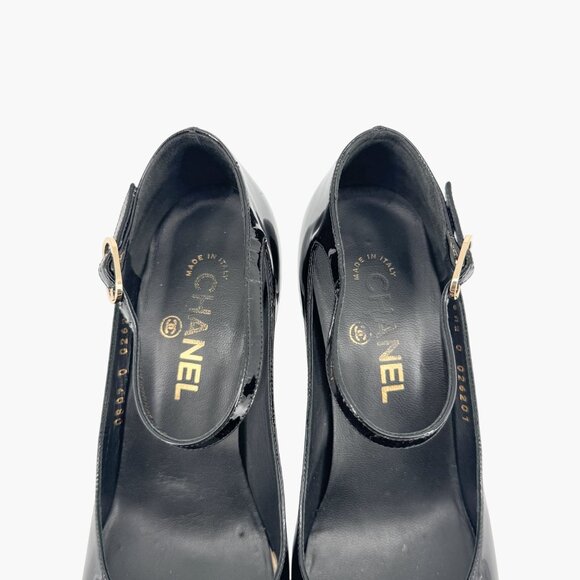 Chanel Platform Pumps Size 38 US 7-7.5 Black Patent Cap Toe Mary Jane Mid Heel - Picture 5 of 15